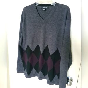 Gray V-Neck Sweater with Purple & Black Argyle